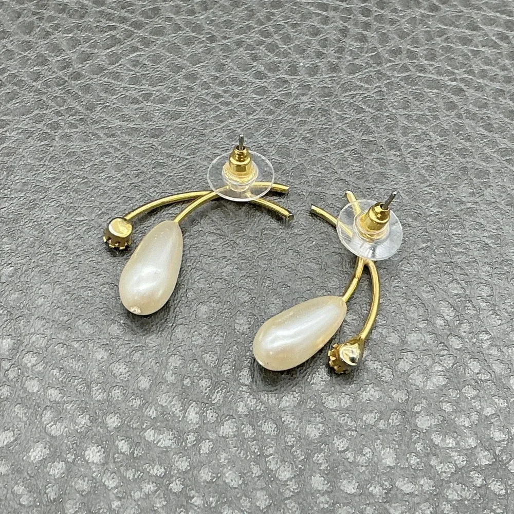 Gold Tone Teardrop Faux‎ Pearl Rhinestone Dangle Drop Earrings Womens Costume